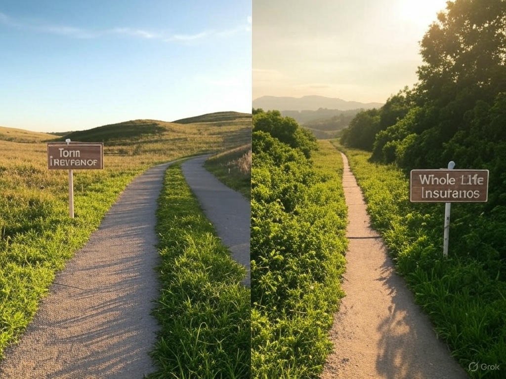 Two paths labeled 'Term Life Insurance' with a serene landscape and 'Whole Life Insurance' with a lush, intricate background, symbolizing the choice between insurance types