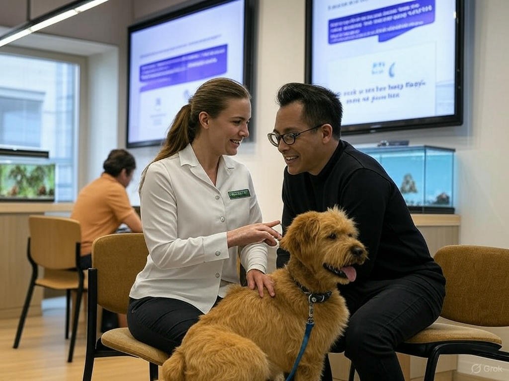 A pet insurance office scene with a staff member and pet owner discussing plans, a happy dog sitting between them, and digital screens showing pet insurance options in the background