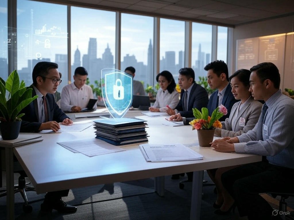 A vibrant digital illustration of a modern insurance office with floor-to-ceiling windows showcasing a city skyline. A diverse team of underwriters sits around a conference table, reviewing documents. On the table, a stack of policy files is topped with a holographic shield symbolizing protection, while potted plants and colorful flowers add a touch of growth and security. The atmosphere is professional and innovative, with warm lighting and a clean, tech-forward design.