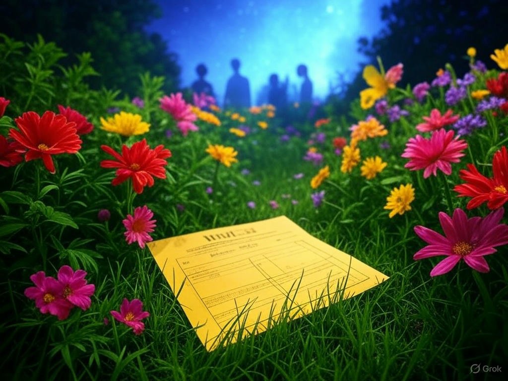 A life insurance policy rests in a vibrant garden under a starry sky, symbolizing calm, security and peace for your family
