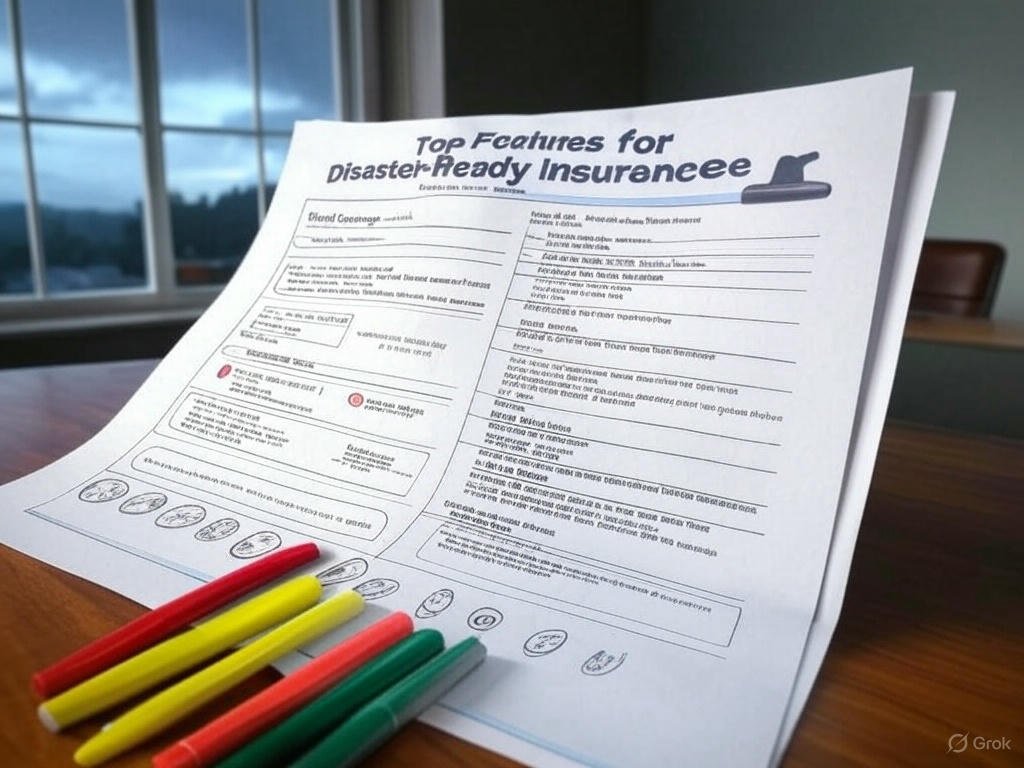 Best home insurance for natural disasters highlighted on a policy document with top features like flood coverage and fast claims, placed on a desk with colorful pens.