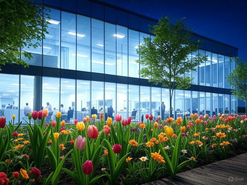 Sleek insurer office with glass walls, surrounded by green leaves, colorful tulips, daisies, and stars at night, representing the Top Insurance Companies of the European Union.