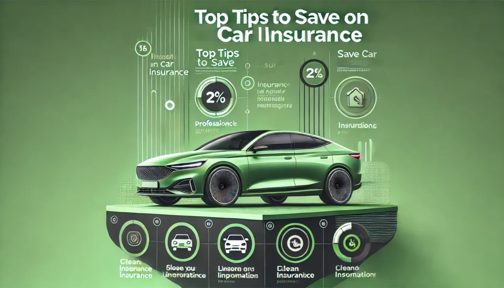 A green car on a platform with text 'Top Tips to Save on Car Insurance' and icons showing tips like 'Clean Insurance Information' and 'Unsure on Information,' set against a green background.