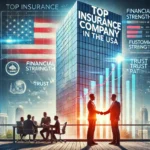 A high-resolution, colorful digital illustration of a top insurance company in the USA, featuring a modern skyscraper, business professionals shaking hands, and a digital dashboard displaying financial strength and customer trust, with an American flag subtly in the background.