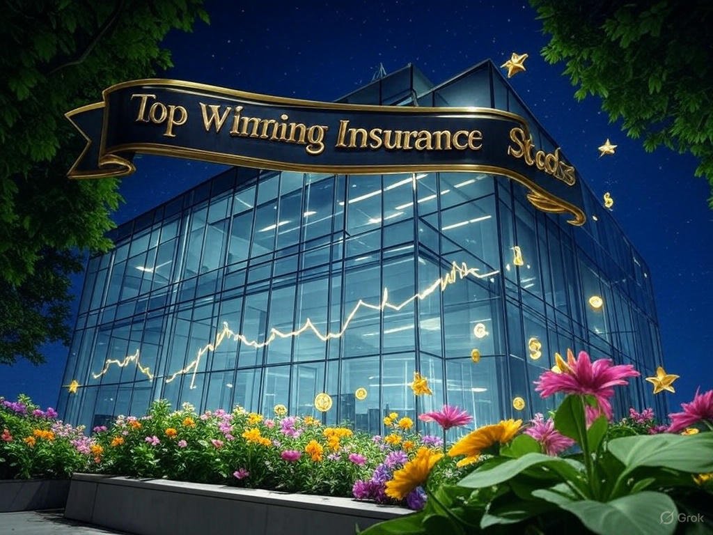 Top winning insurance stocks from the U.S. in 2025 glow in a vibrant scene with a sleek insurer office, green leaves, colorful flowers, stars, and trading-finance symbols like stock graphs.