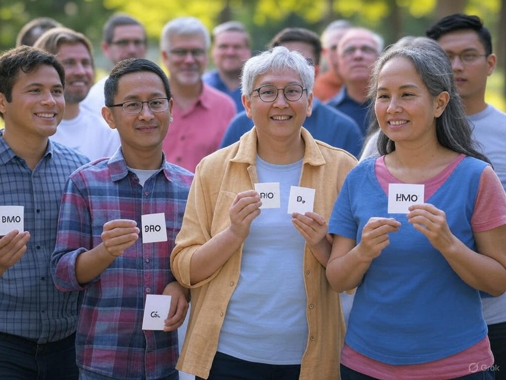 A diverse group of people holding signs labeled "HMO," "PPO," "EPO," and "POS," representing types of health insurance plans, standing together in a park with green trees in the background.