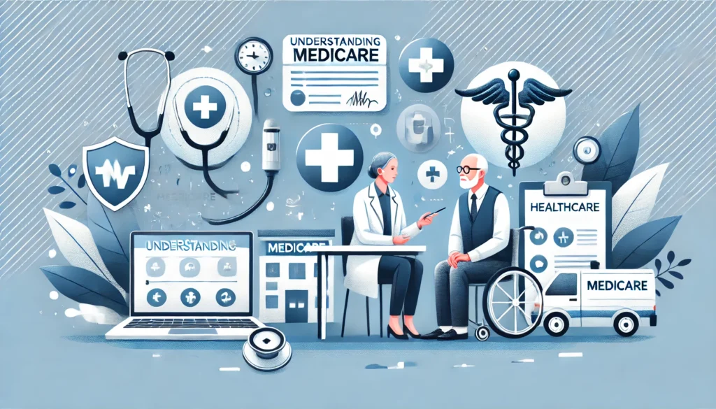 Illustration of elderly individuals discussing Medicare options with a professional advisor, featuring Medicare symbols like a medical card, hospital, and stethoscope in a blue and white healthcare-themed background