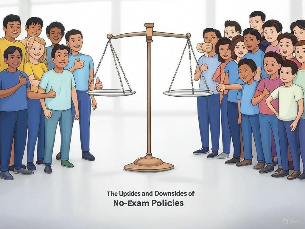 A balance scale with people on both sides, illustrating the upsides and downsides of no-exam policies, with a sign below reading "The Upsides and Downsides of No-Exam Policies."