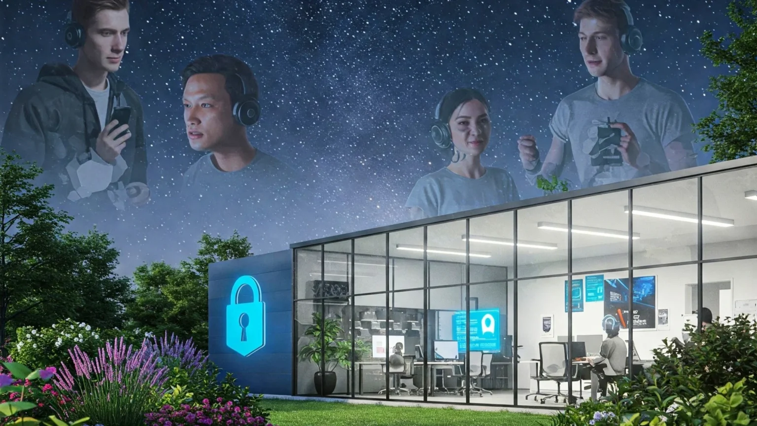A vibrant, high-resolution landscape image featuring a modern insurer office with glass walls, surrounded by lush green leaves and colorful flowers under a starry sky. The scene blends tech and nature, symbolizing security and growth for AI freelancers. Some real human like freelancer both male and female in the background.