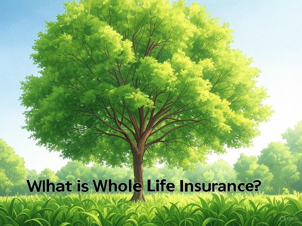 A watercolor-style illustration of a lush green tree in a vibrant landscape with text 'What is Whole Life Insurance?' under a clear blue sky
