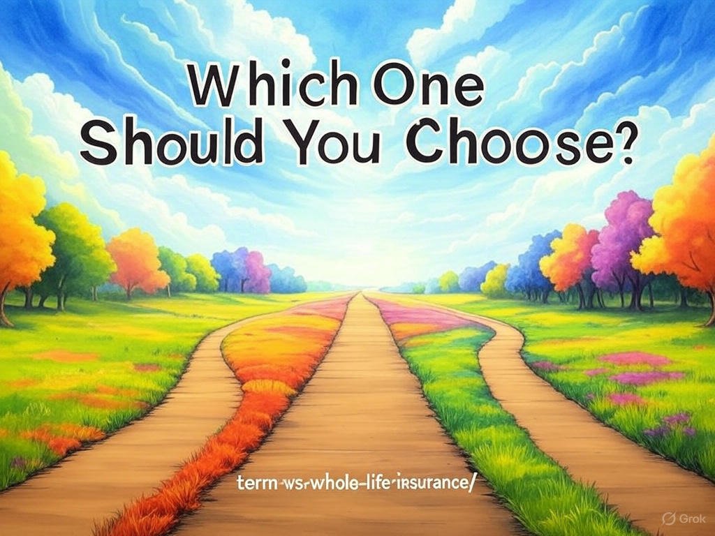 A watercolor painting of two diverging paths in a vibrant landscape with colorful trees, text 'Which One Should You Choose?' at the top, and the URL 'term-vs-whole-life-insurance/' at the bottom, under a bright sky