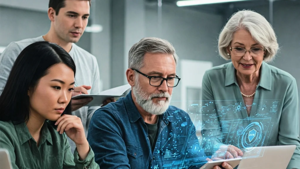 A diverse group of individuals, engaged in a collaborative discussion around a large screen displaying complex code and intricate data visualizations. These individuals, all representing the role of prompt engineers, are dressed in casual but professional attire and are deep in concentration, illustrating the intense focus required in the field. They are seated in a well-lit, modern office space with large windows that allow natural light to flood in. A subtle insurance-related visual cue, perhaps an abstract symbol representing a shield or a protective layer, is incorporated into the scene, subtly hinting at the need for insurance for prompt engineers. The background elements, such as bookshelves filled with technical manuals and stacks of papers on desks, reinforce the technical expertise and demanding nature of the work. The tone and style are professional and approachable, aimed at showcasing the complex, but human-driven nature of the role of prompt engineers.