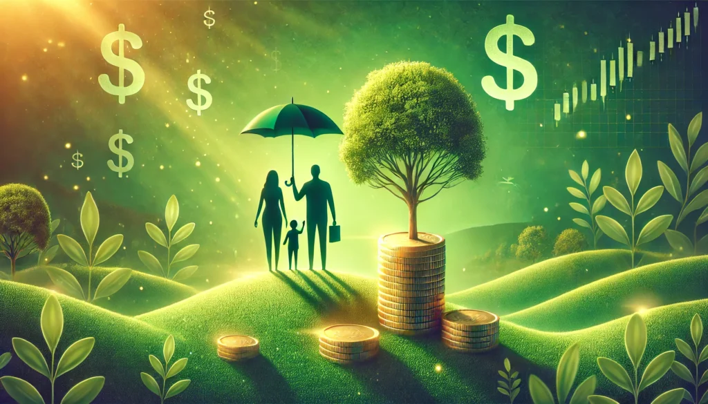 Whole Life Insurance Family Security – Growth with Umbrella and Coins.