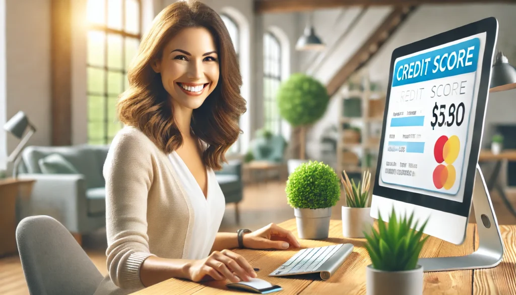 A smart, confident woman sitting at a wooden desk, happily checking her credit score on a desktop computer. The desk is decorated with multiple green plants and flower pots, creating a fresh and lively atmosphere. The background features a softly blurred, modern office space with natural light streaming in, giving a warm and inviting feel.