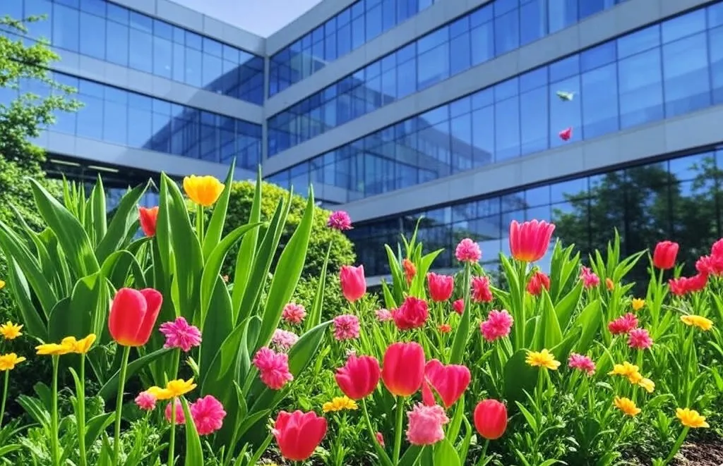 How does life insurance work: Insurer office with green leaves, colorful flowers, and birds.