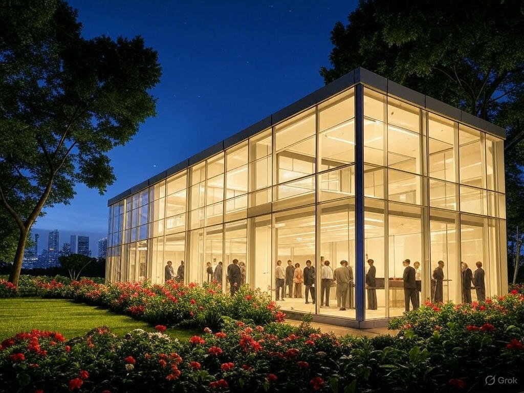 Natural disasters and insurance depicted by a glowing insurer office with glass walls, surrounded by green leaves, vibrant flowers, and a starry sky, with people inside symbolizing protection