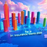 Top 10 Insurance Giants by Market Value 2025 – Colorful Skyscrapers with Icons on Global Map