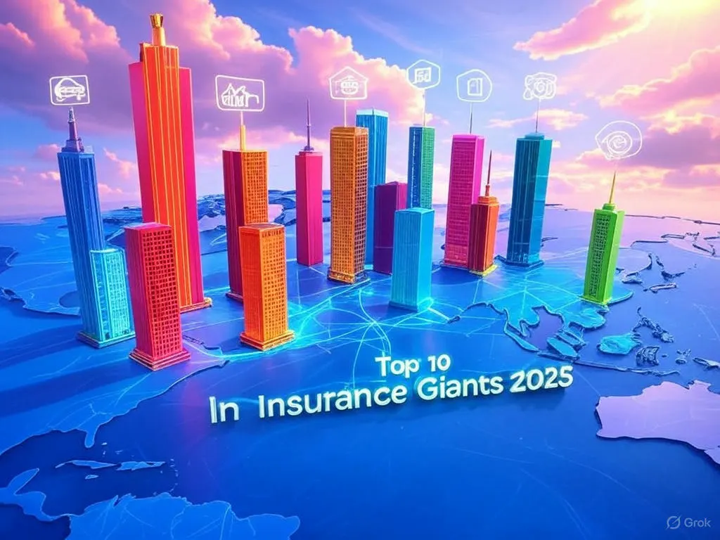 Top 10 Insurance Giants by Market Value 2025 – Colorful Skyscrapers with Icons on Global Map