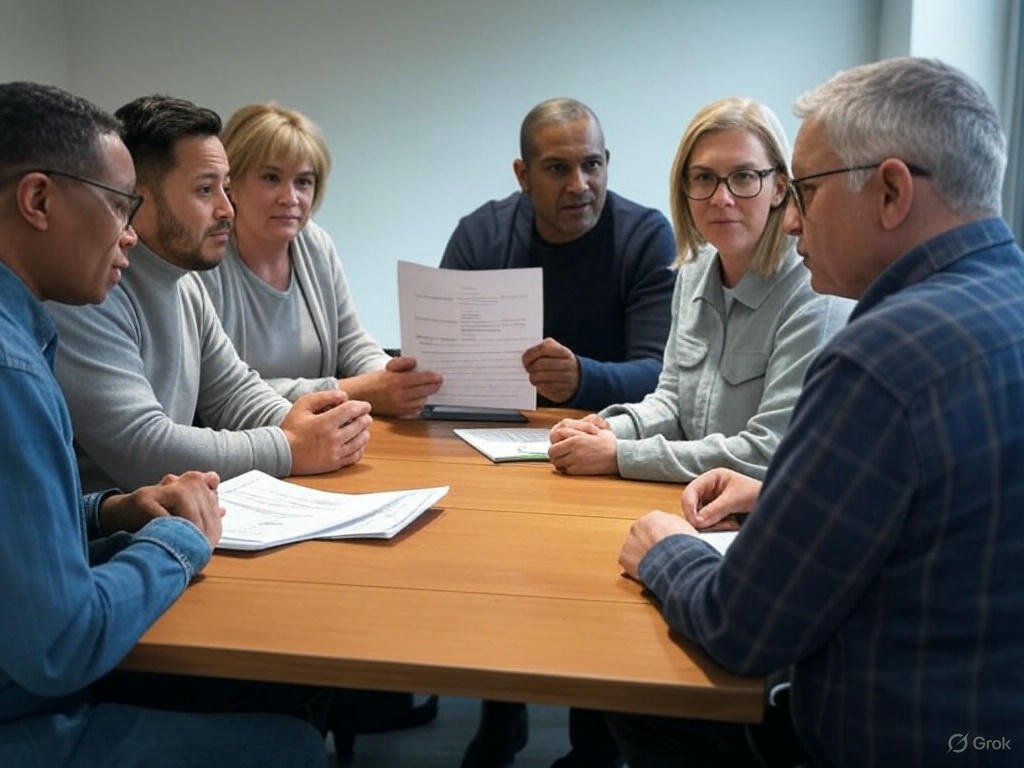 Group of people discussing car insurance quotes around a table with documents, focusing on understanding coverage options.