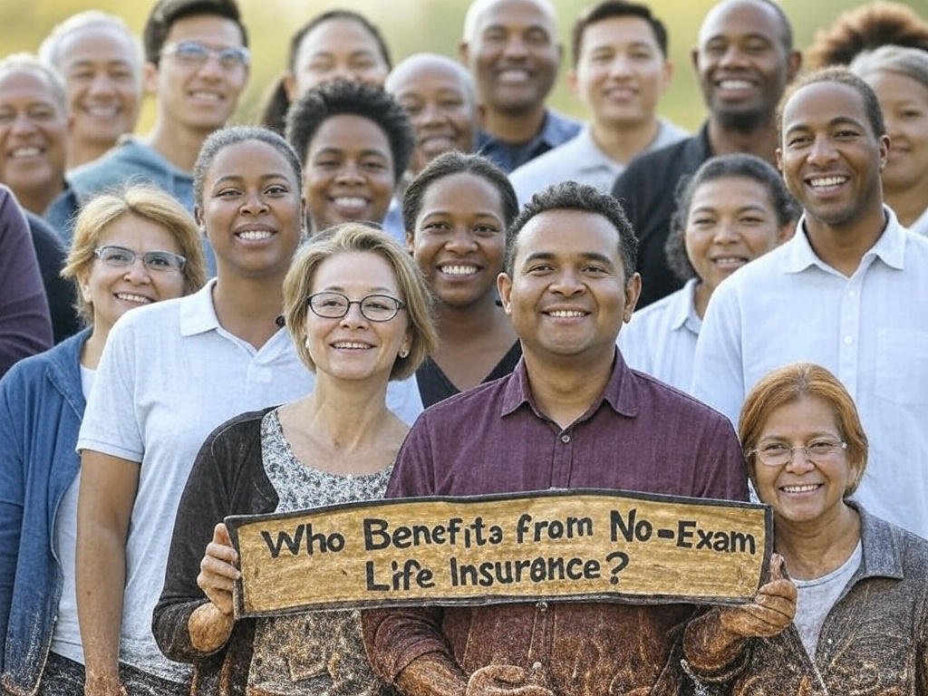 Diverse group of people holding a sign that reads "Who Benefits from No-Exam Life Insurance?" representing the beneficiaries of no-exam life insurance policies