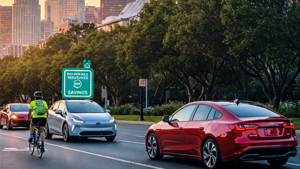 A vibrant city street at sunset with eco-friendly cars and a cyclist.