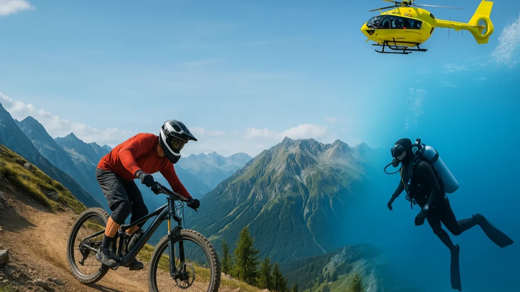 A mountain biker rides along a rugged trail as a scuba diver explores underwater and a yellow rescue helicopter flies above, representing extreme sports adventures.