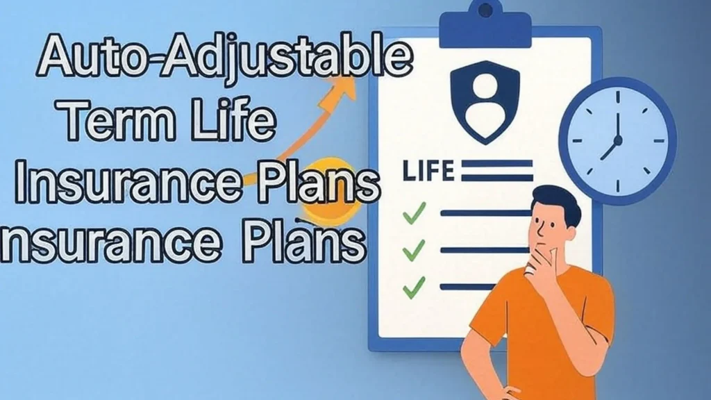 Illustration of a man thinking beside a life insurance document, clock, and percentage icon, representing auto-adjustable term life insurance plans