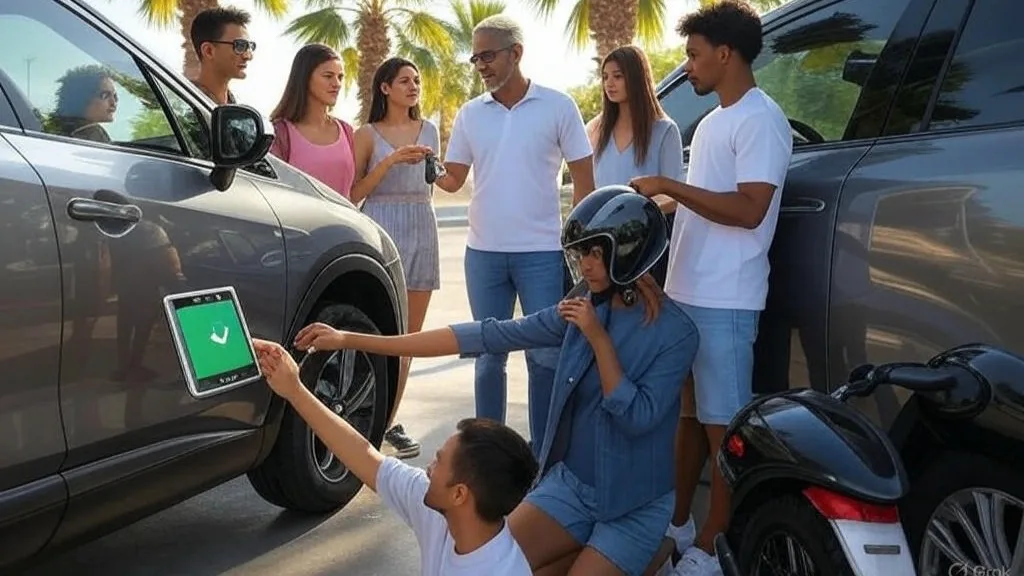 A diverse group of people interacts in a sunny outdoor setting with palm trees and a fuel station in the background. One person hands car keys near a modern car, another adjusts a helmet by a stylish two-wheeler, and someone holds a tablet with a checkmark logo, symbolizing insurance coverage.