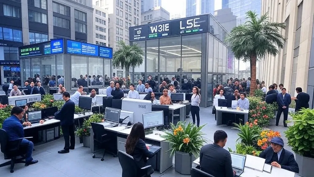 Vibrant scene of a modern insurer office and global stock exchanges like W3IE and LSE, with traders actively working at desks displaying real-time stock quotes, surrounded by lush green palm trees and colorful flowers under a clear blue sky, symbolizing Best Investment Stocks with Insurance for 2025.