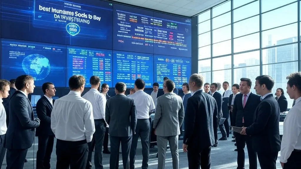 Best insurance stocks to buy for investing and trading 2025 displayed on large screens in a bustling trading floor with diverse professionals analyzing charts and global data
