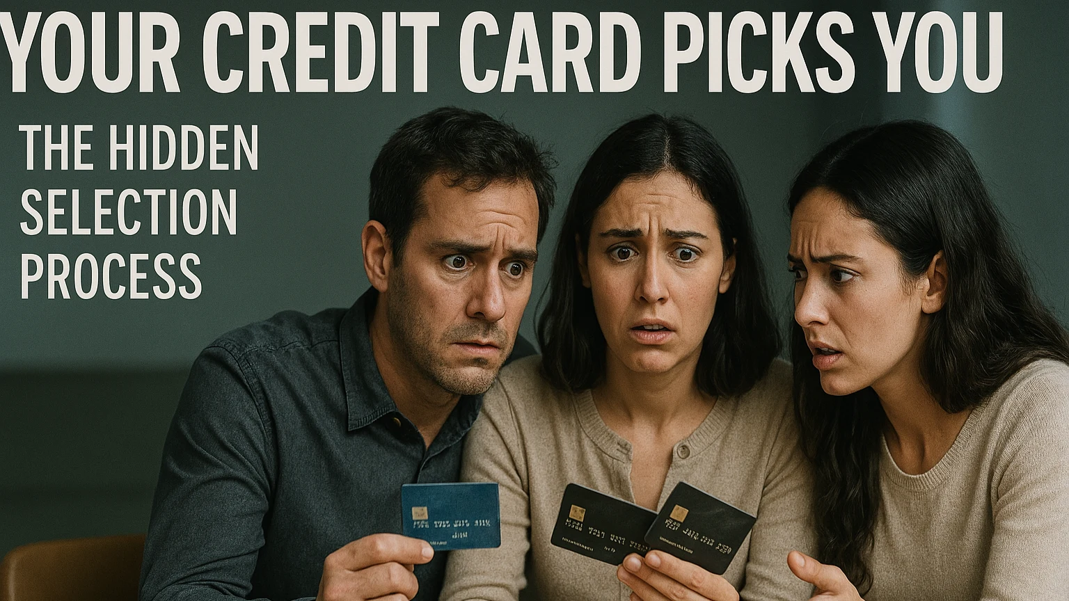 Three concerned individuals examining credit cards, symbolizing the hidden selection process behind credit card approvals.