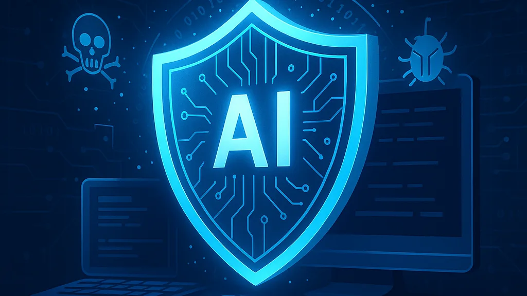 A glowing digital shield labeled "AI" stands in front of computer systems, symbolizing protection and the key coverage areas for AI risks in cybersecurity