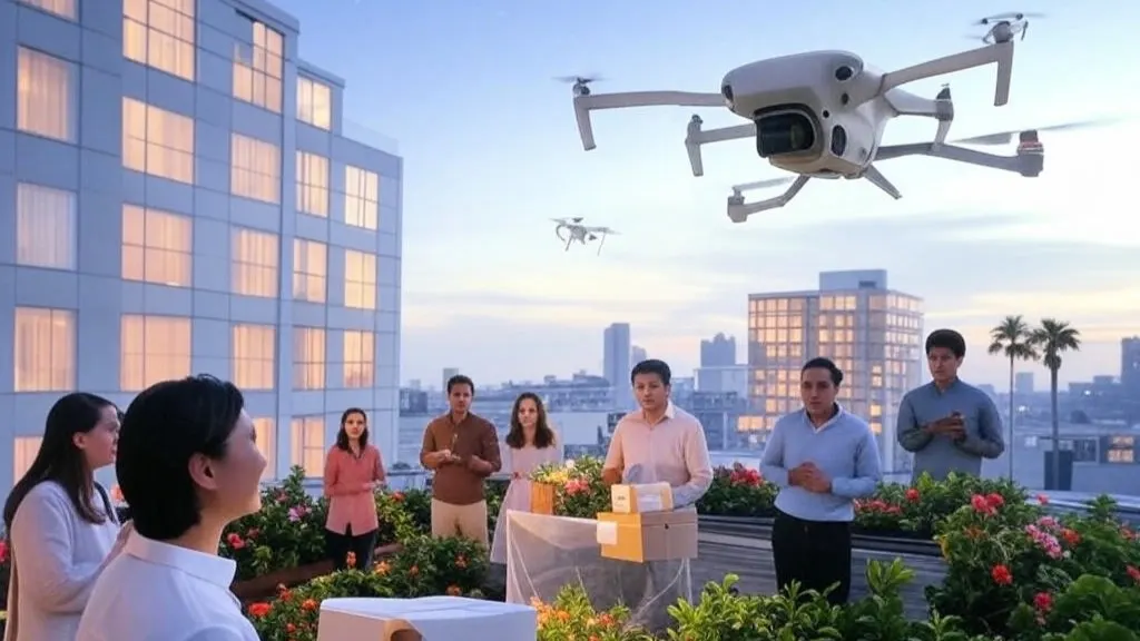 Vibrant rooftop delivery scene with a drone dropping a package to joyful people, surrounded by lush plants and flowers, with other drones symbolizing Drone Liability Insurance: Must-Know Risks Await You protection under a starry dusk sky.