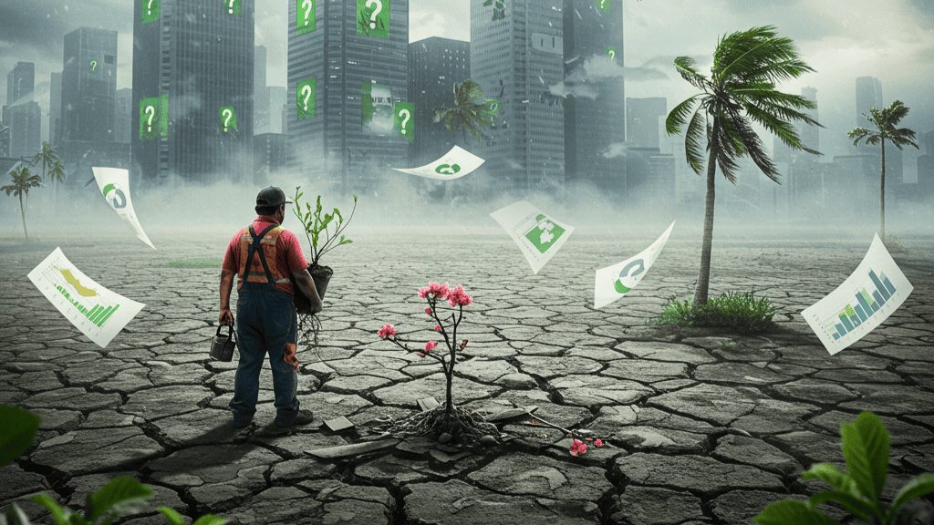 A worker in overalls holding a plant and a lantern stands on cracked earth, facing a dystopian cityscape with floating ESG-related documents and question marks. The scene symbolizes the challenges of ESG insurance in an uncertain future.