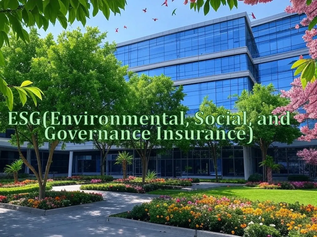 Modern insurer office surrounded by lush green leaves, small palm trees, vibrant cherry flowers, and multi-colored birds under a blue sky, symbolizing ESG Insurance: Unlocking a Greener Future Today