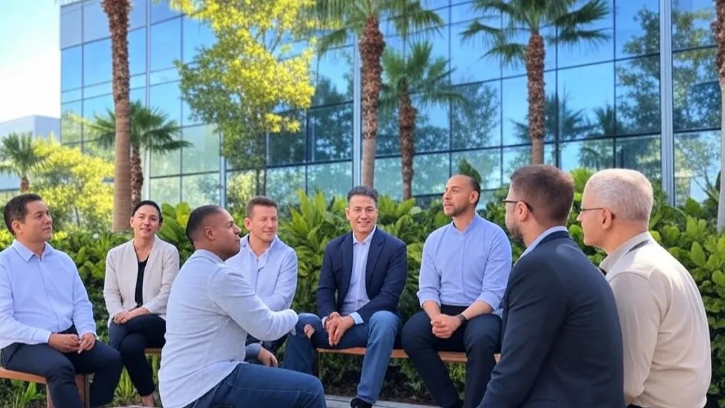 Group of people discussing essential insurance guides on a bench near a modern insurer office with palm trees and lush greenery under a clear blue sky.