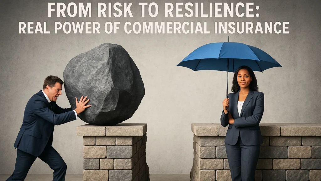 A businessman pushes a large boulder representing risk, while a businesswoman stands confidently under an umbrella symbolizing resilience, with the text "From Risk to Resilience: Real Power of Commercial Insurance" above them