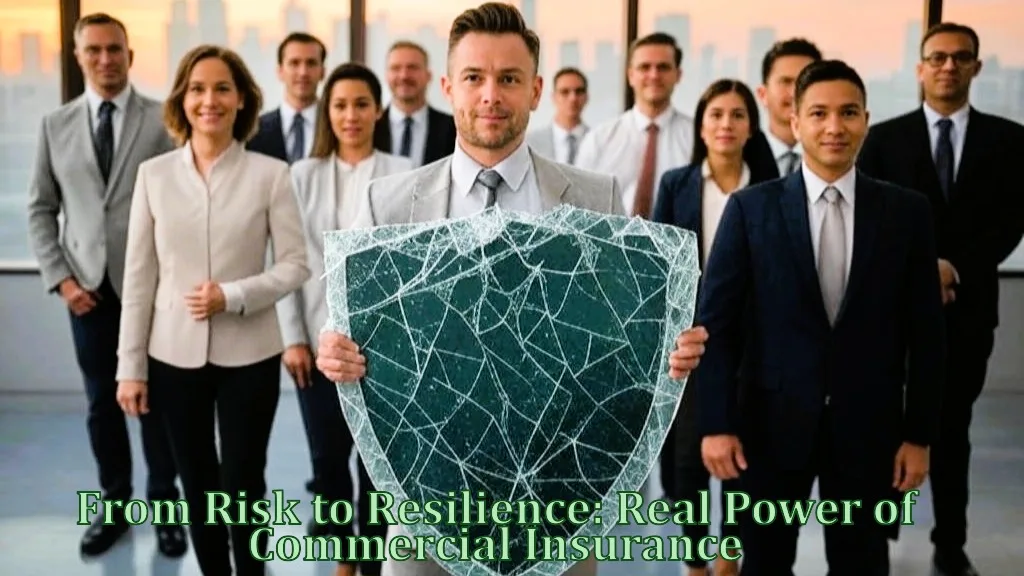 A confident businessman holding a cracked but unbroken shield stands in front of a diverse business team, symbolizing protection and resilience. The text reads: "From Risk to Resilience: Real Power of Commercial Insurance