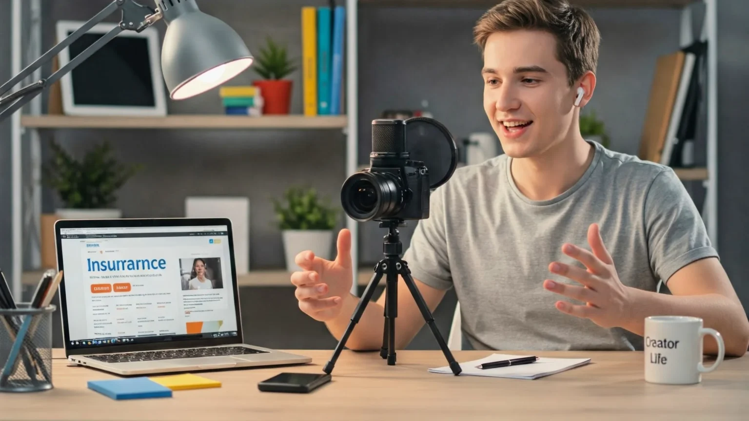 A young man sits at a desk in a modern home office, recording a video with a professional camera and microphone. A laptop shows an insurance website. Shelves in the background contain creative tools and plants and looking happy with a Health insurance for full-time content creators.