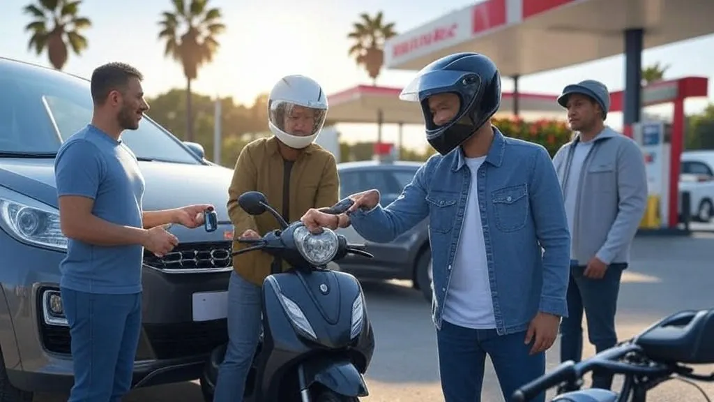 A group of people interacts in a sunny outdoor setting with palm trees and a fuel station in the background. One person hands car keys near a modern car, while another with a helmet stands by a stylish two-wheeler, suggesting a seamless exchange.