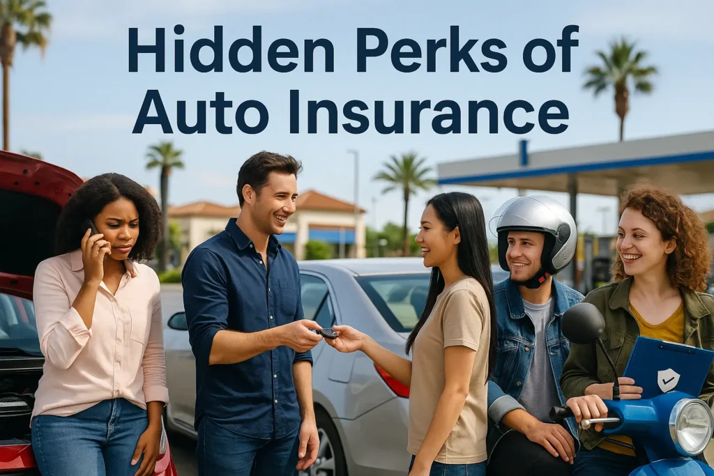 A group of people stands near a car and a scooter in a sunny parking lot, with one person on the phone, another handing over keys, and others smiling. The text "Hidden Perks of Auto Insurance" is prominently displayed at the top.