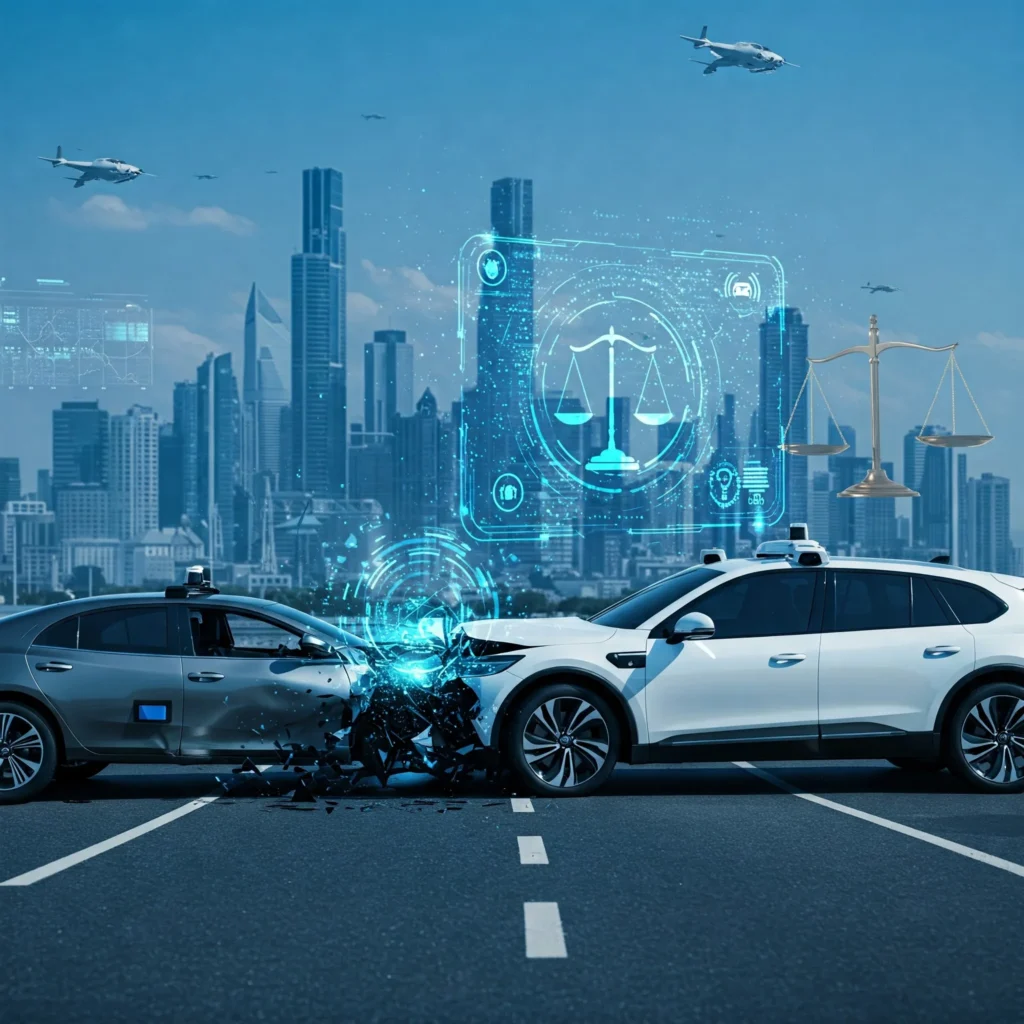 A digital illustration of a futuristic city road with two autonomous vehicles involved in a collision. A holographic AI warning system is analyzing the situation, and a legal scale icon hovers above, symbolizing liability and responsibility.