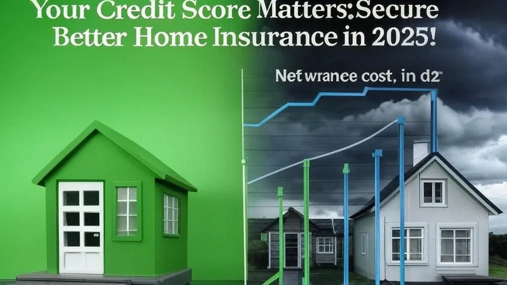 Two houses with contrasting appearances and a chart showing cost variation, symbolizing how credit score affects home insurance rates in 2025.