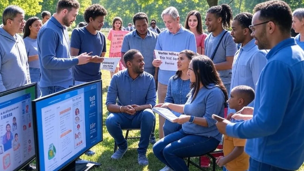 A diverse group of people in a park discussing AI-driven stock trading scams, sharing information on large screens with vibrant greenery in the background.