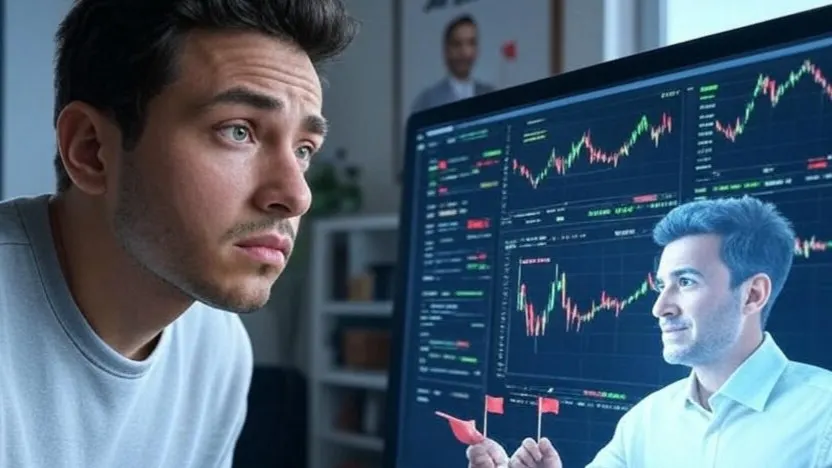 A person at a desk looks at a computer screen displaying stock charts, with a holographic financial advisor highlighting red flags to warn about how scammers exploit AI technology.