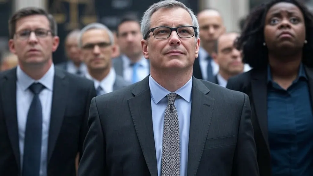 A group of worried business professionals in suits standing together, reflecting the tension of investors caught in the crossfire of trade war tremors, with a financial building in the background