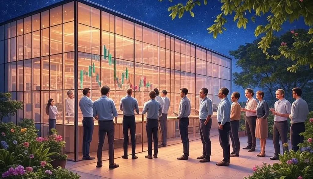 Diverse investors collaborating near a modern insurer office with green leaves, colorful flowers, and stars, symbolizing keeping financial dreams on track