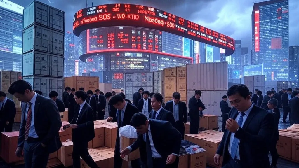 Chaotic stock exchange scene with a massive ticker showing 'Nasdaq -20%' in red, frantic traders in suits, toppling crates labeled 'Tariffs' and 'U.S.-China Trade War,' and a bear slashing the Nasdaq logo, amid stormy skies and falling papers with 'Dow Correction -10%' and 'S&P Nears Bear,' reflecting Trade War Pushes Nasdaq to Bear Market, Tech Stocks Plummet."
