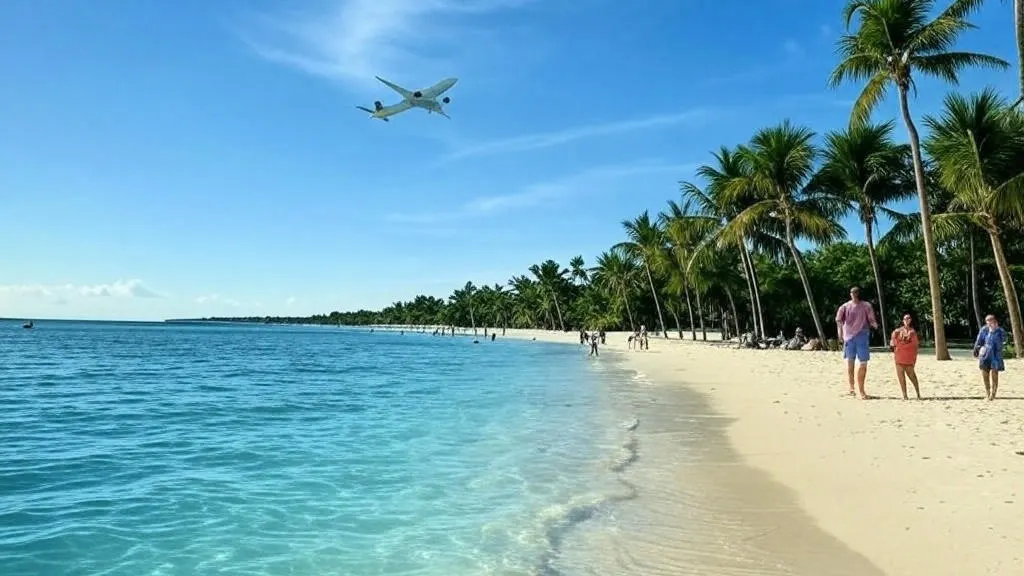 Airplane flying over a tropical beach with tourists walking along the shore, symbolizing offbeat travel destination navigating rare travel insurance gems.