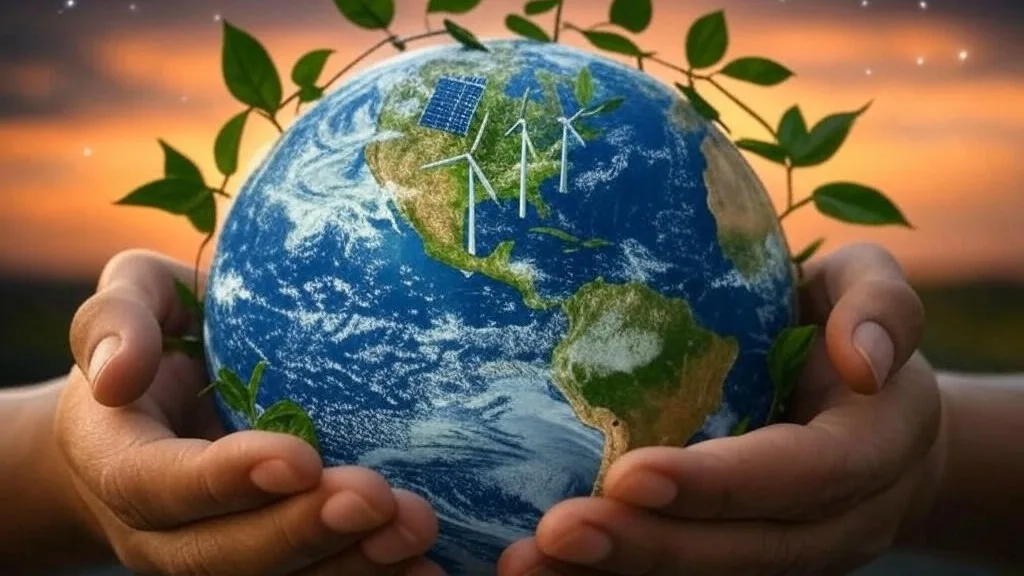 Hands cradling a globe with green leaves, wind turbines, and solar panels against a sunset sky with stars, symbolizing why "Planet-First policies matter".